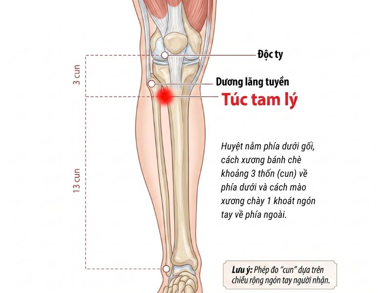 Vị trí huyệt Túc Tam Lý nằm dưới đầu gối 3 thốn, cách mào xương chày một khoát ngón tay.